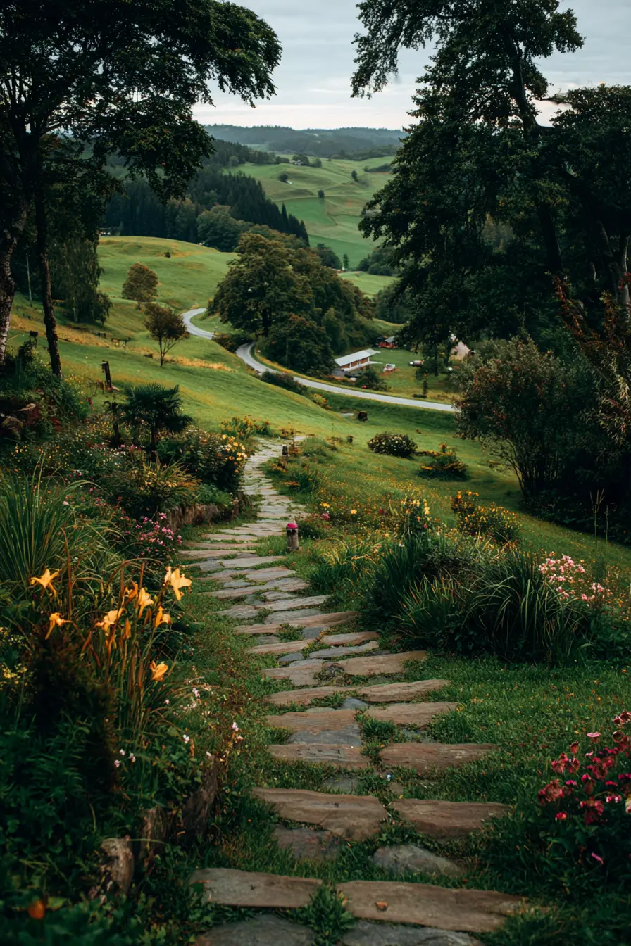 Hillside Cement Walkway with Natural Charm