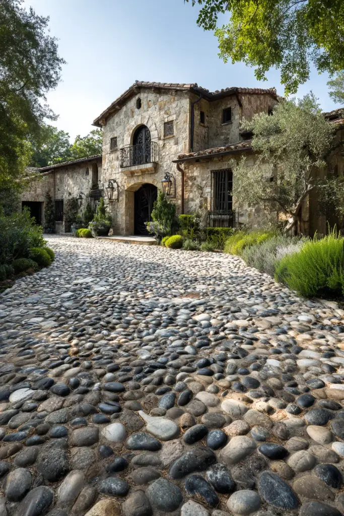 Mediterranean Cobblestone Driveway with Rustic Elegance