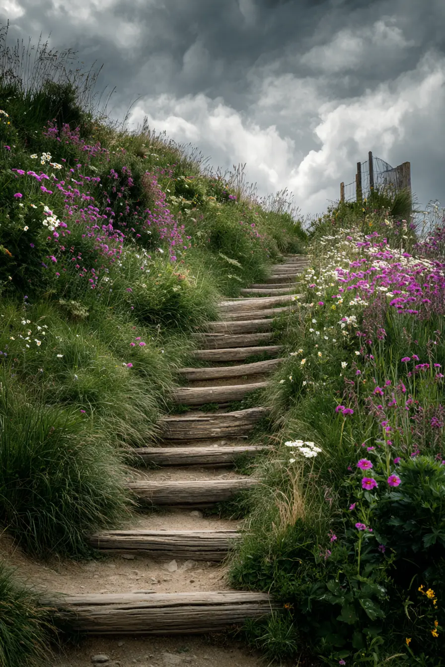 Wildflower-Framed Log Steps on a Hillside