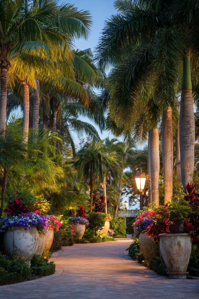 Tropical Driveway Planters with Vibrant Foliage