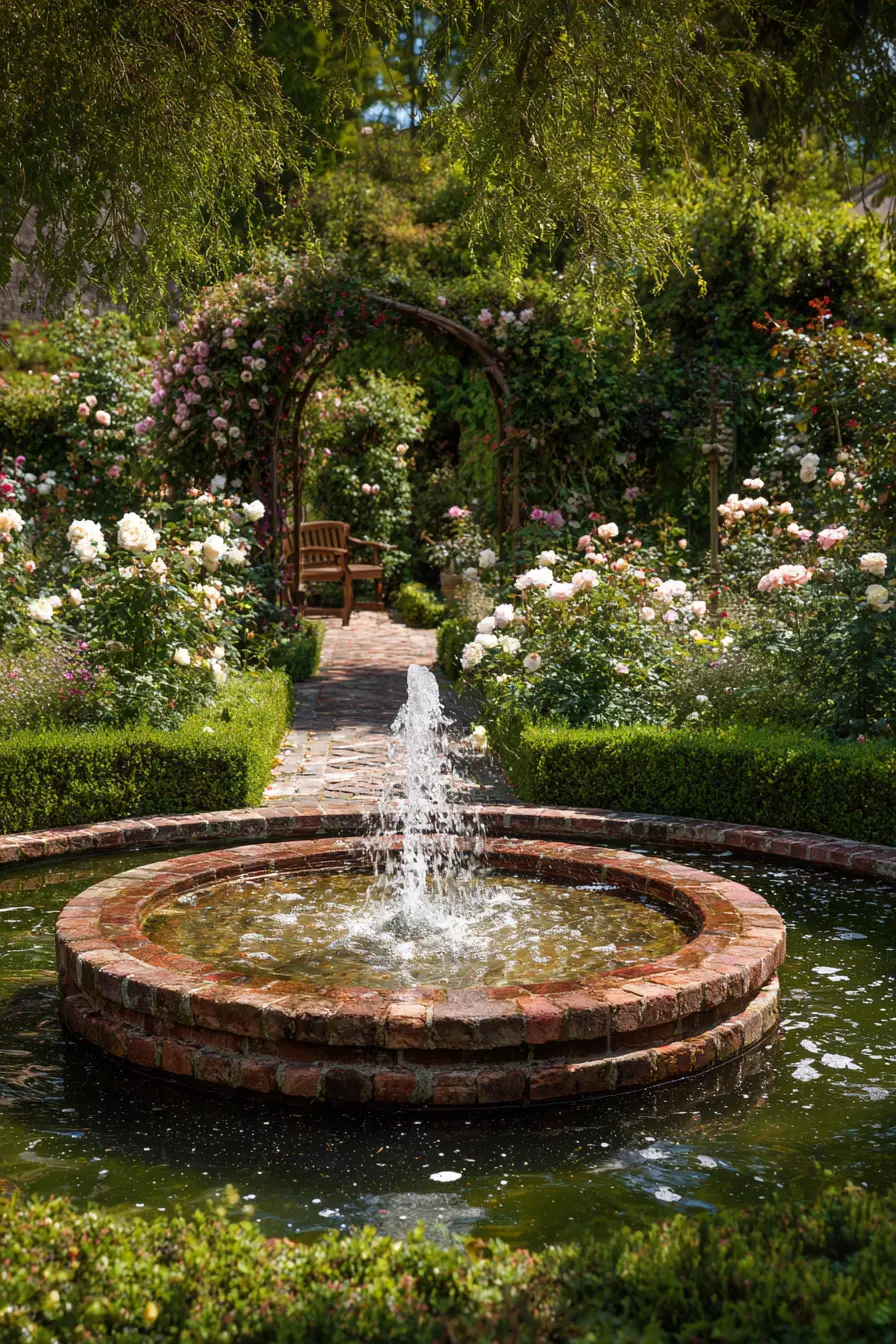Circular Brick Fountain Surrounded by Rose Garden