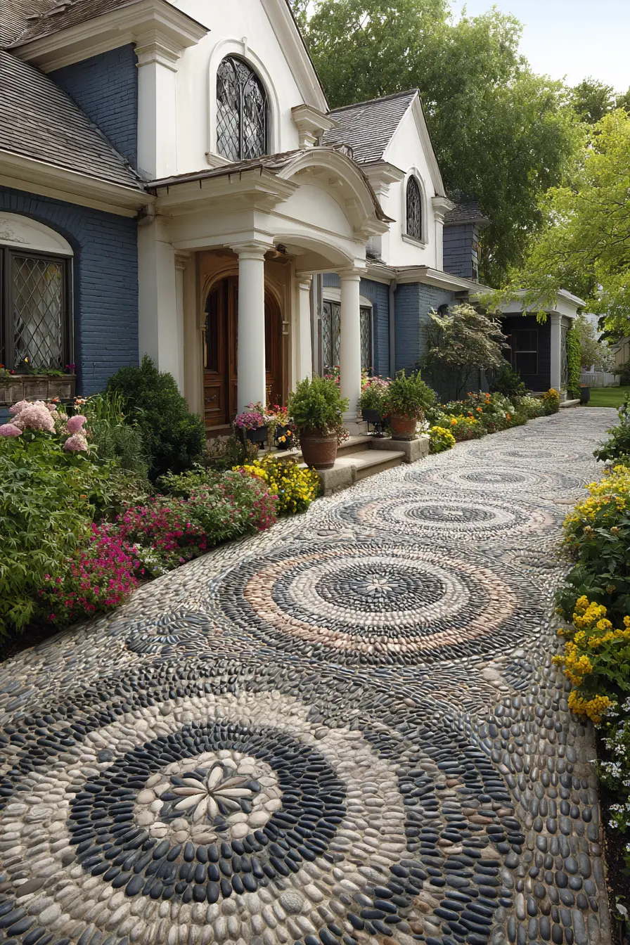 Artistic Pea Gravel Driveway with Circular Patterns