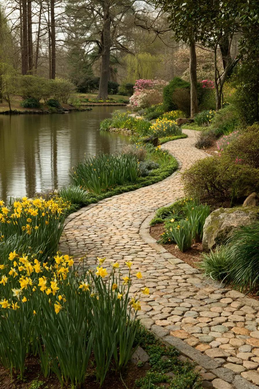 Cobblestone Walkway Beside a Tranquil Pond