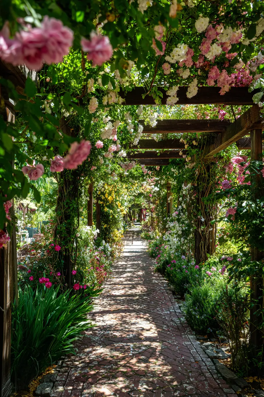 Rose-Covered Border Along a Brick Path
