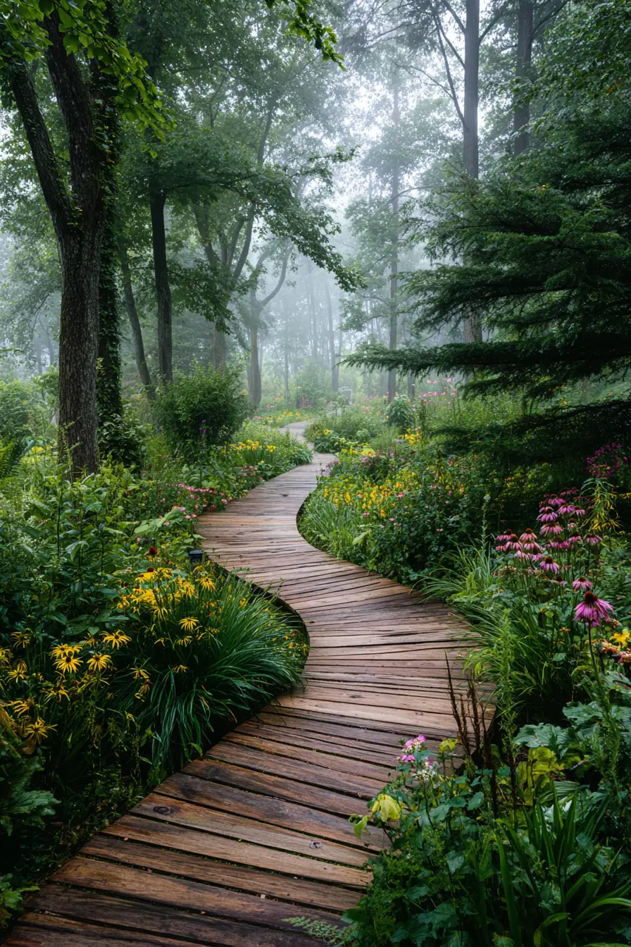 Wooden Pathway Through a Misty Garden