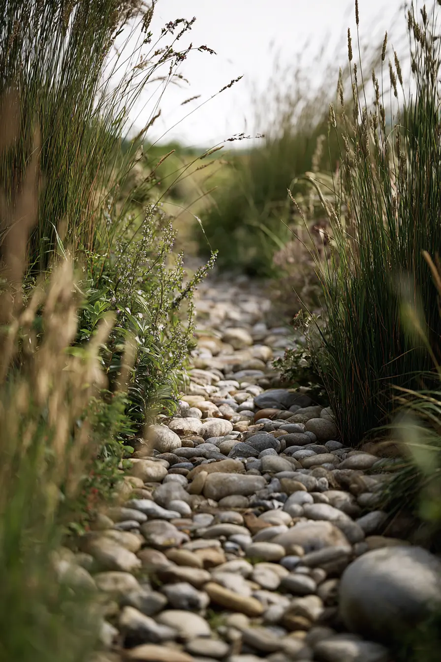 Pebble Walkway with Tall Grasses