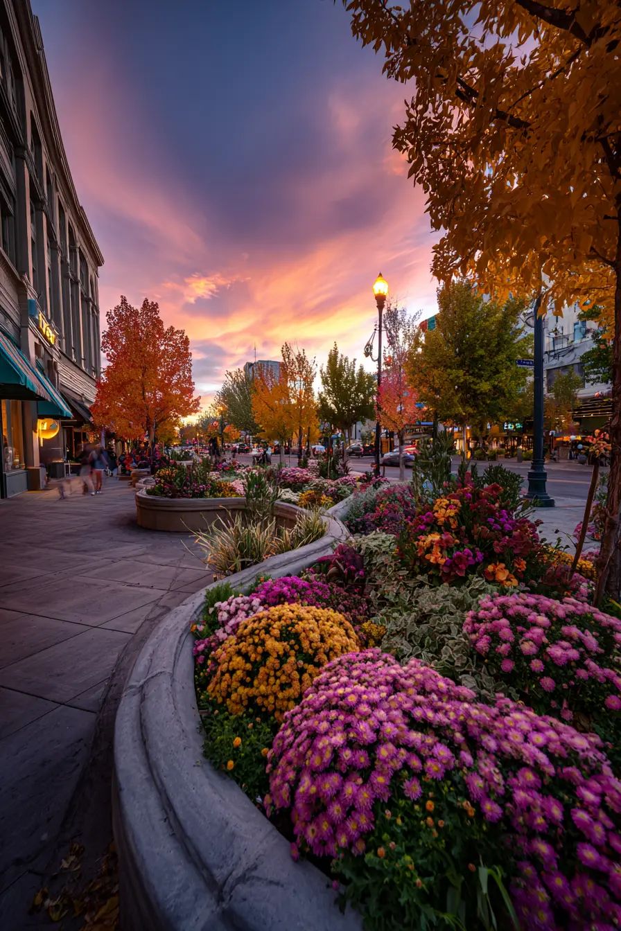 Vibrant Fall Flower Border at Sunset
