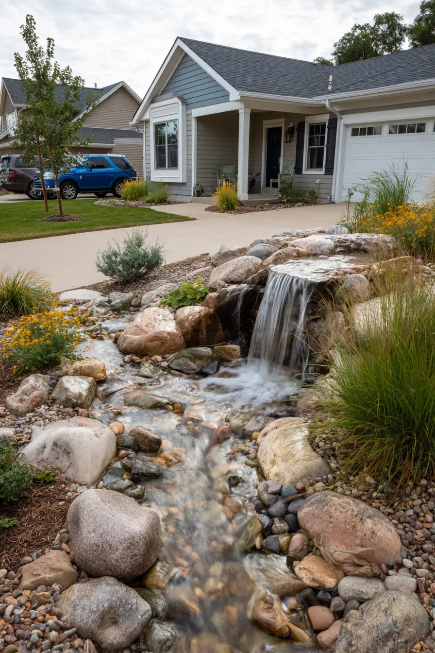 River Rock Driveway Border with Water Feature