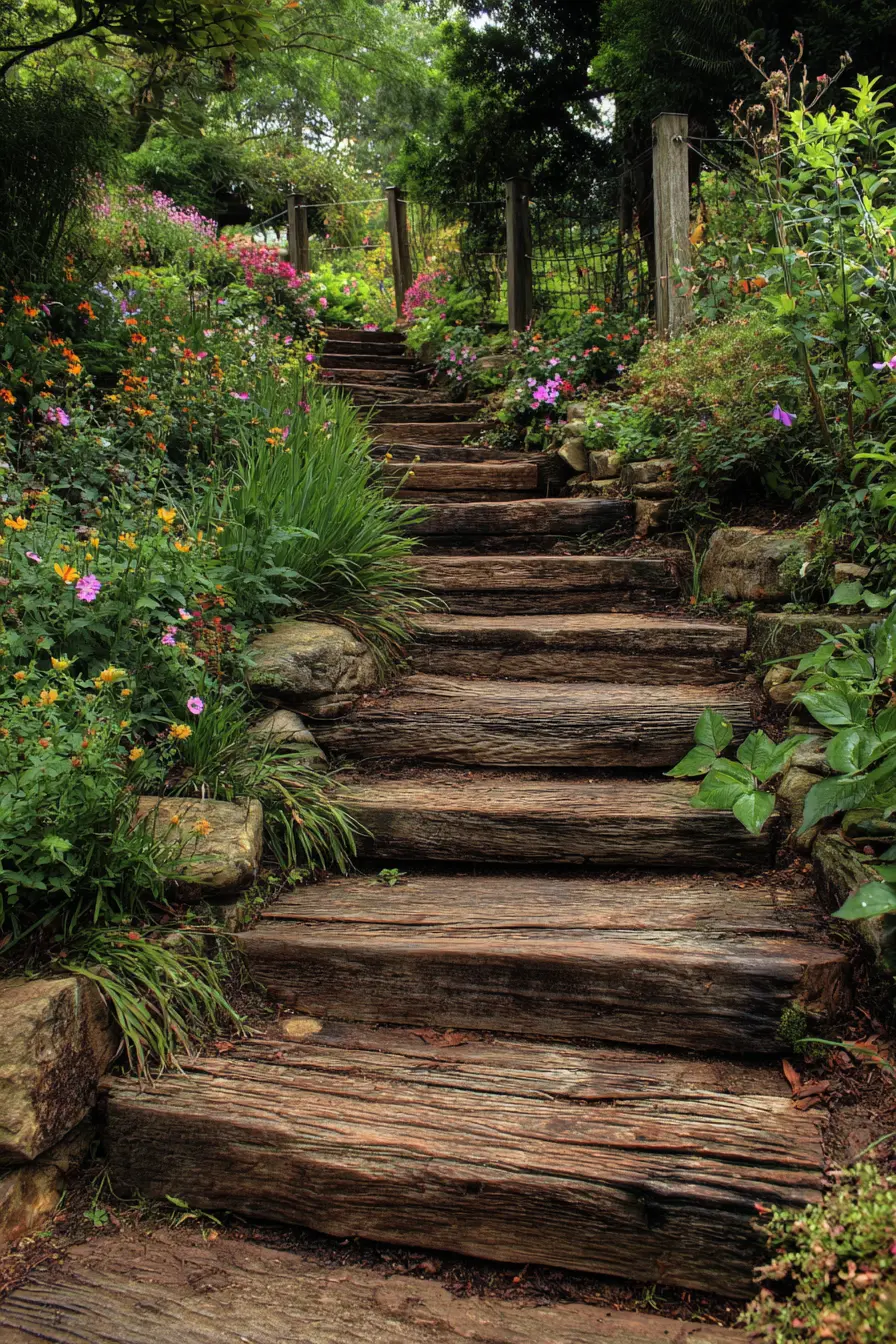 Rustic Wooden Garden Stairs with Wildflowers