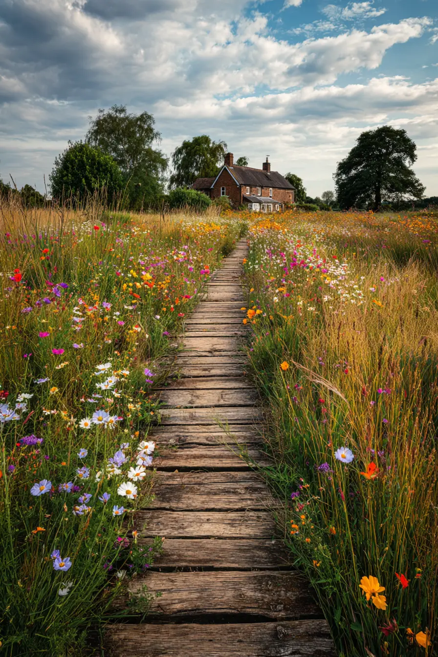 Wooden Walkway Through a Wildflower Meadow