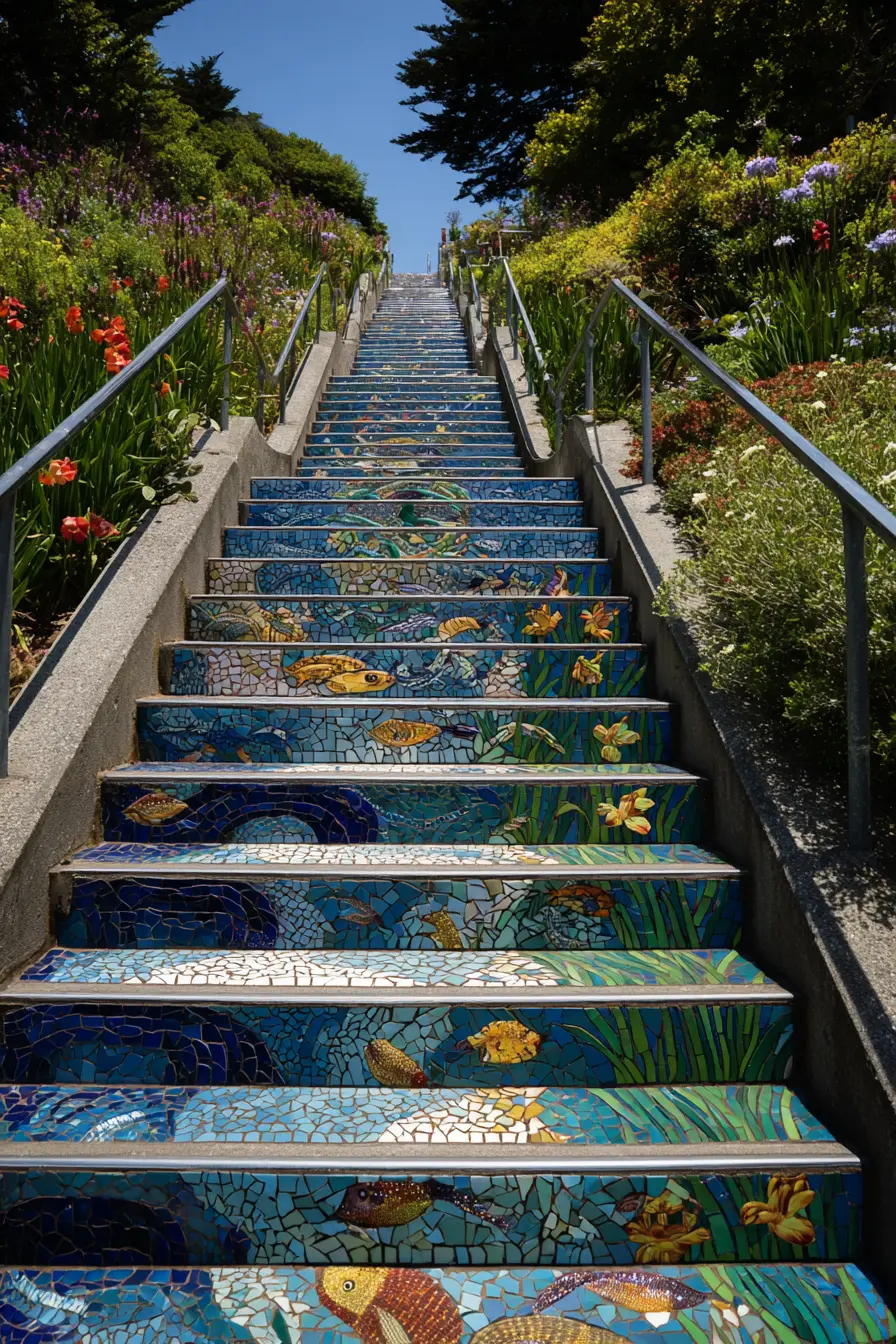 Ocean-Inspired Mosaic Stair Risers with Artistic Detail