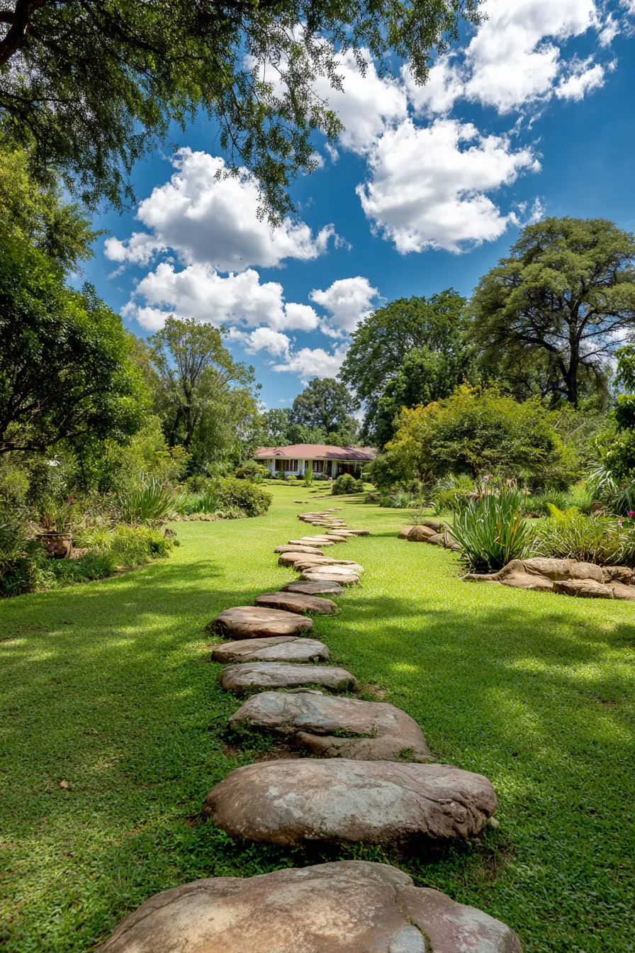 Stepping Stone Path Across Green Lawn