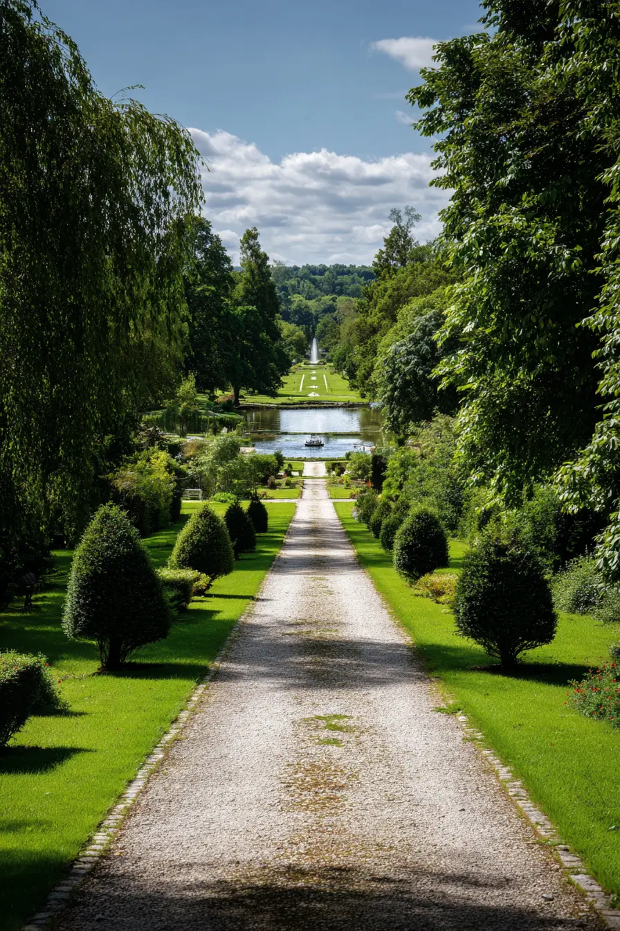 Grand Gravel Driveway with Symmetrical Garden Design
