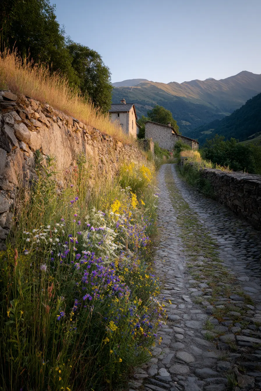 Rustic Stone Driveway with Wildflower Edges