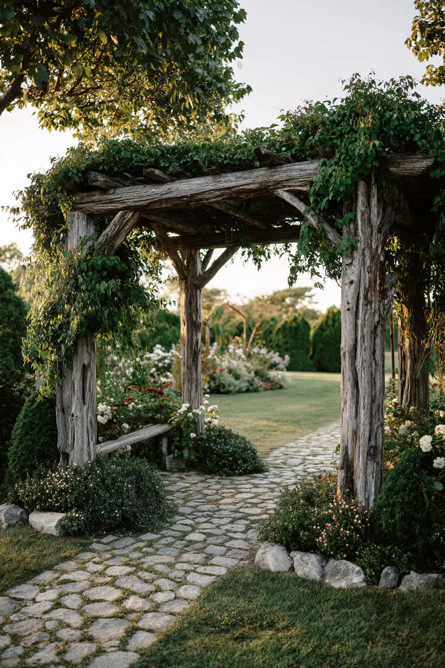 Ranch Driveway with Rustic Wooden Arbor