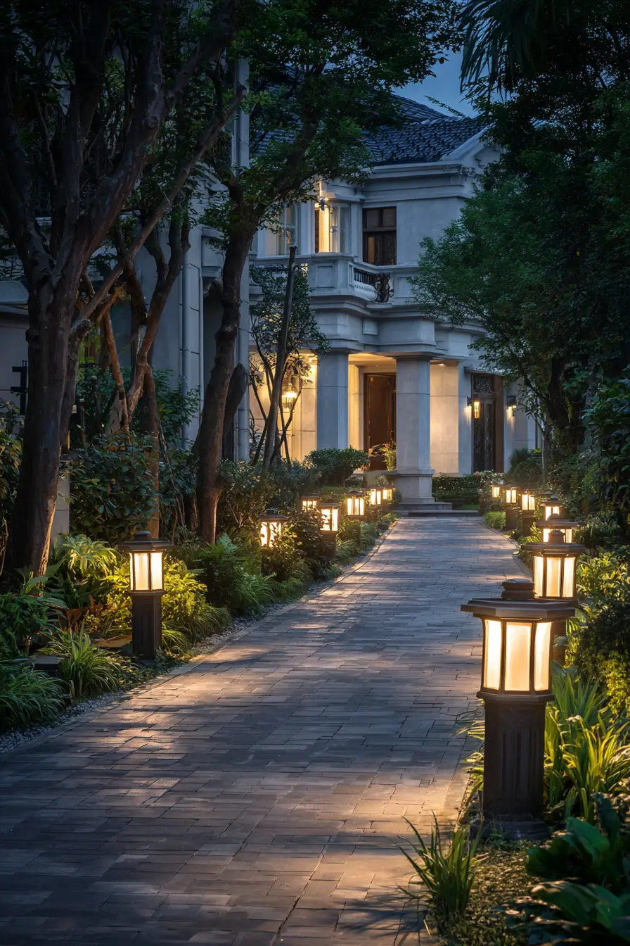 Driveway Entrance with Lantern Pathway Lighting
