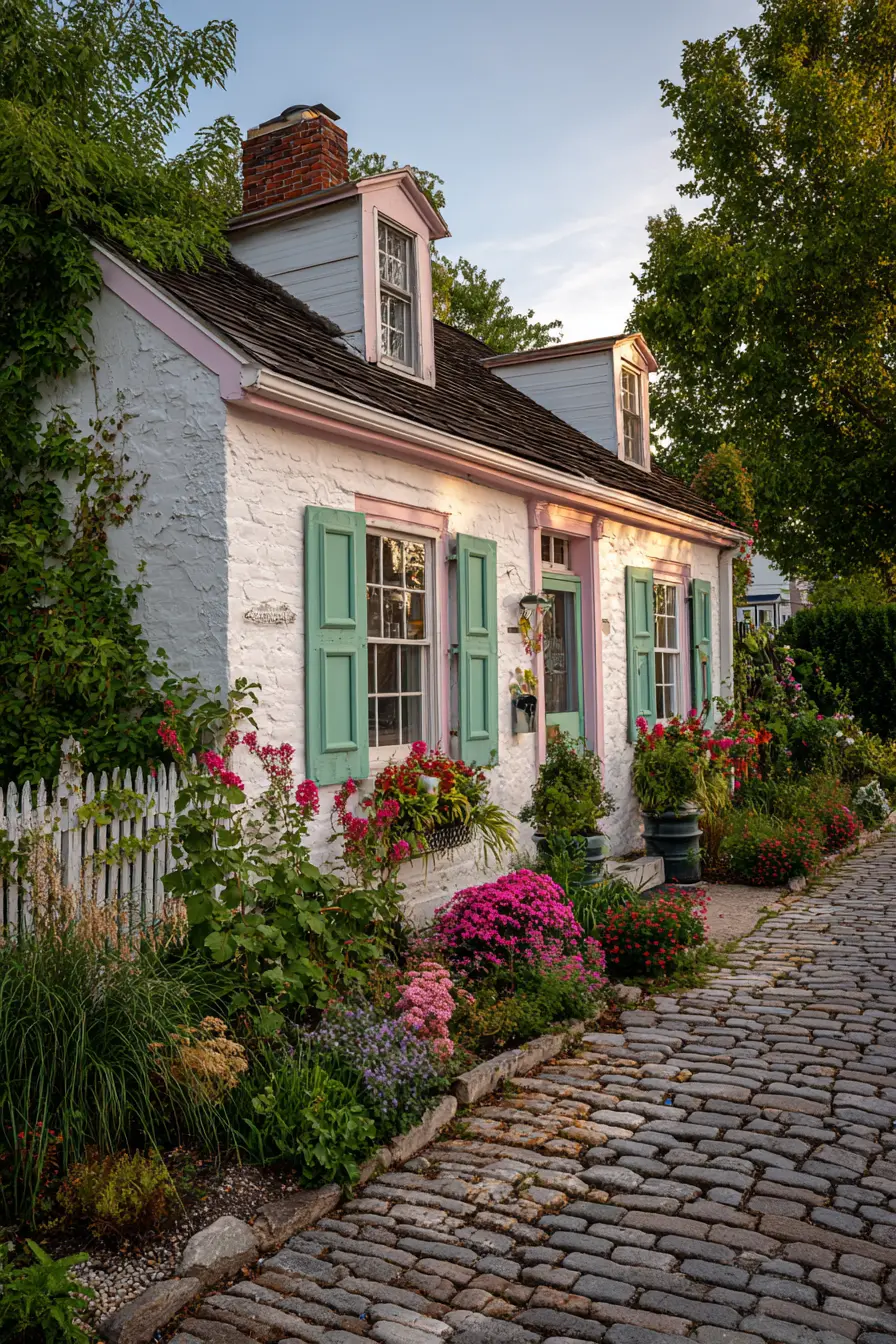 Charming Cobblestone Driveway with Pastel Accents