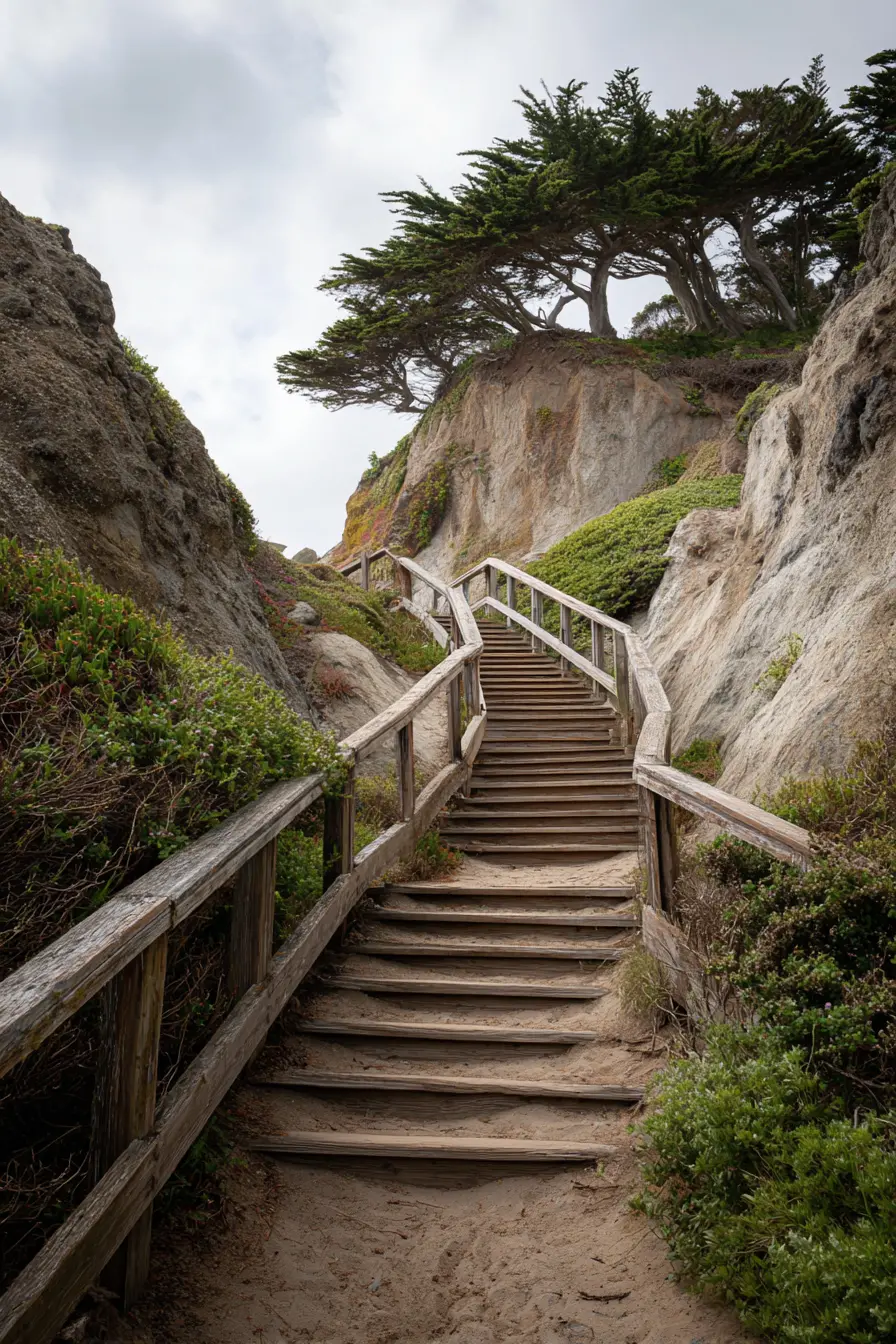 Coastal Wooden Steps with Natural Railings
