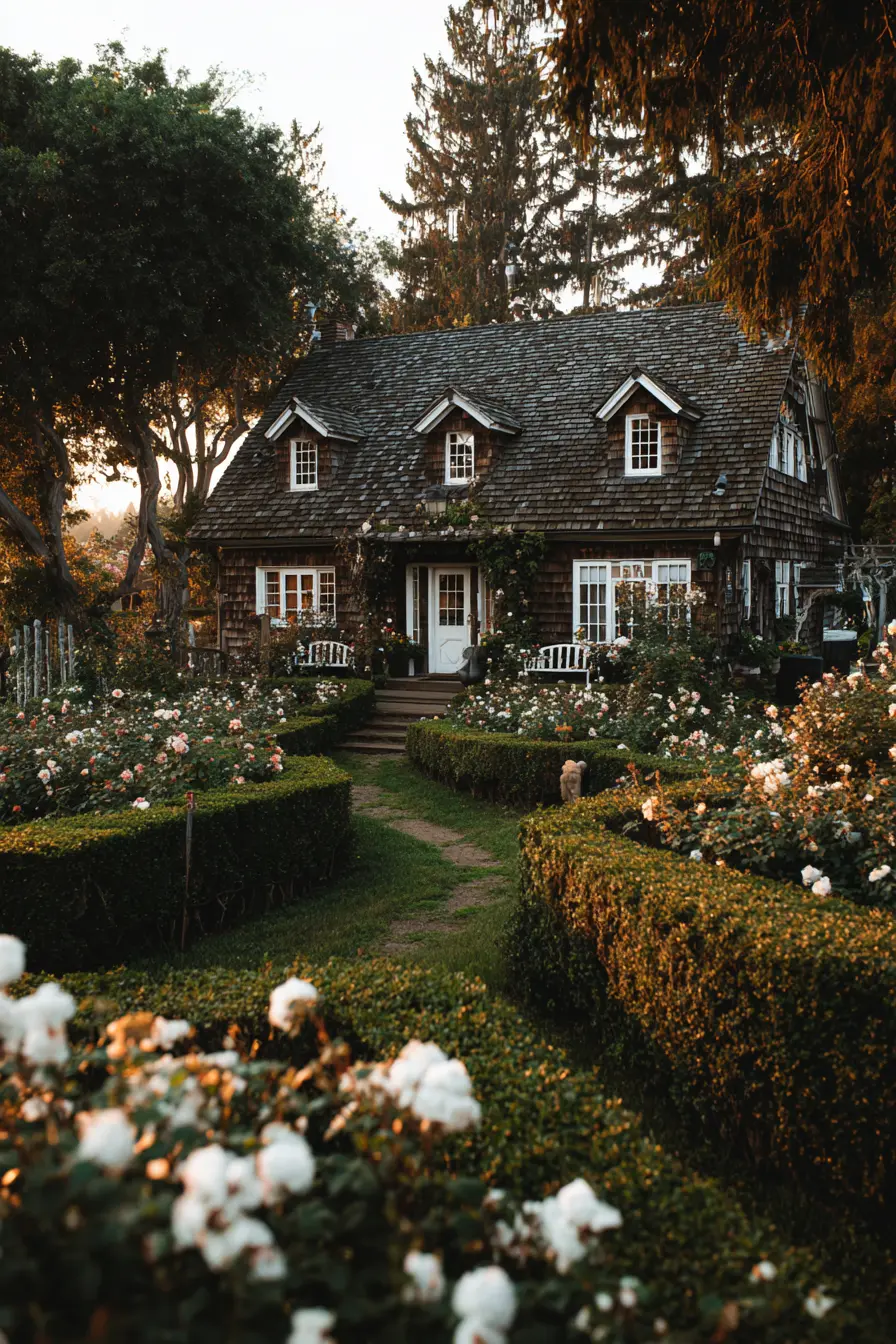 Cottage Garden Charm with Dark Green Shingle Exterior