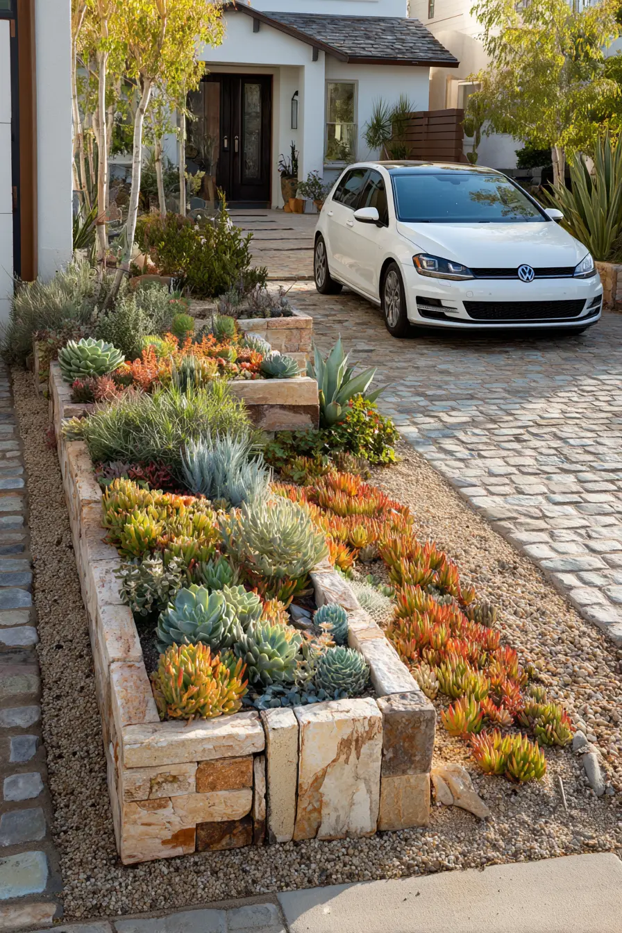 Stone Driveway Planters with Colorful Succulent Display