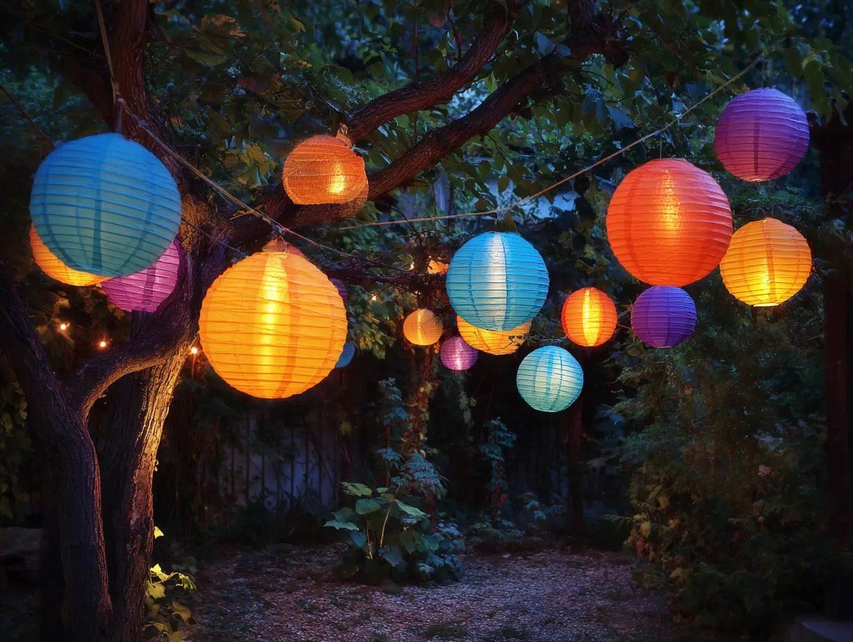 Mix Colorful String Lights With Paper Lamps for a Summer Party