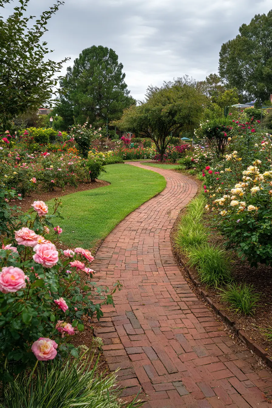 Curved Brick Pathway Through Blooming Rose Garden