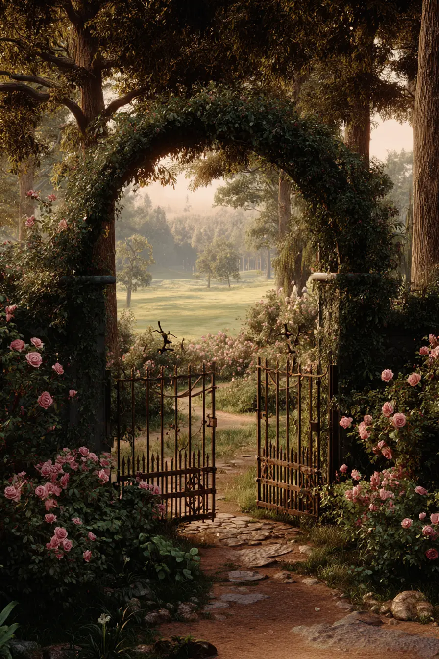 Rose-Covered Gate Walkway