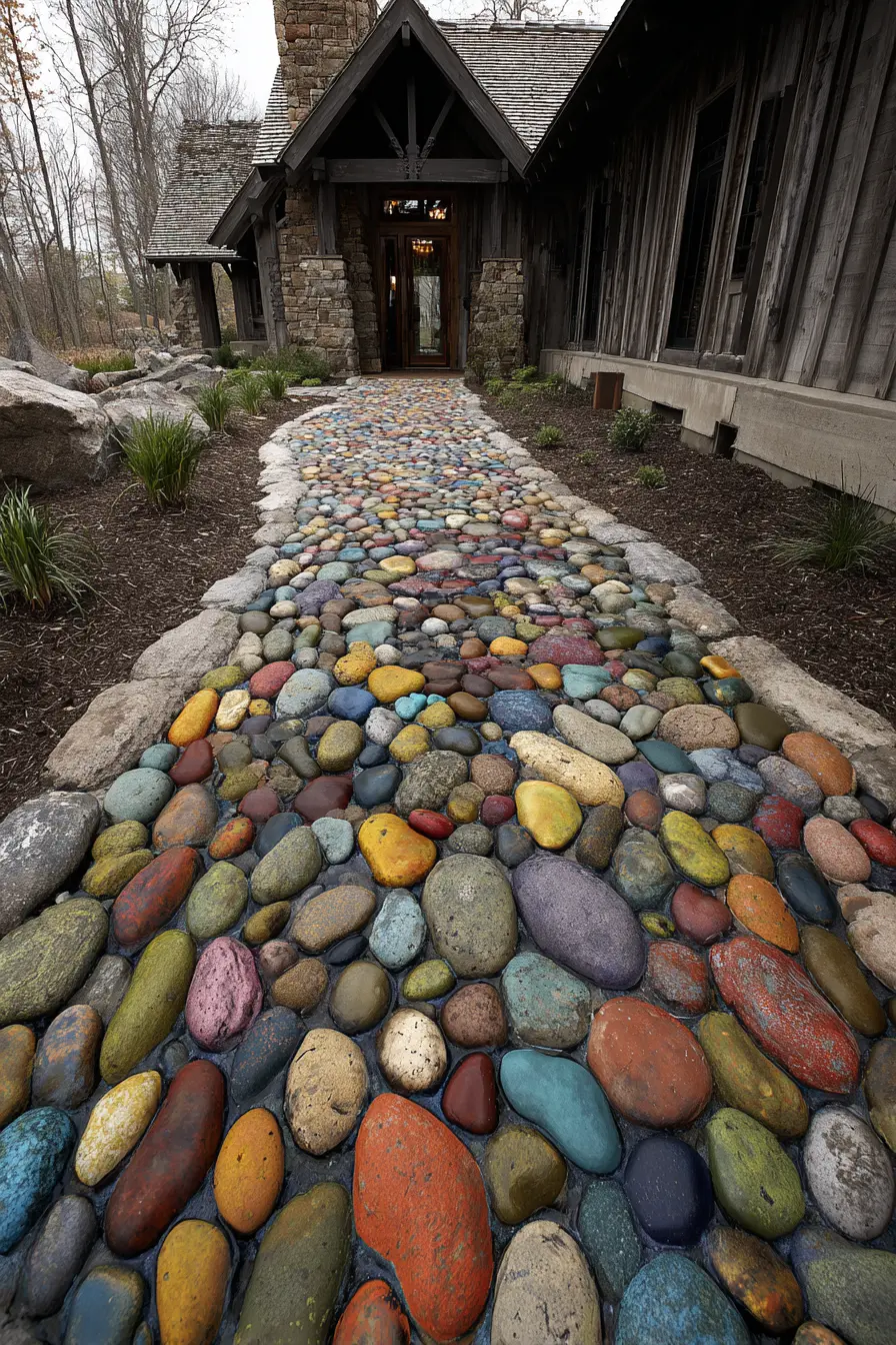 Colorful River Rock Driveway Border with Artistic Flair