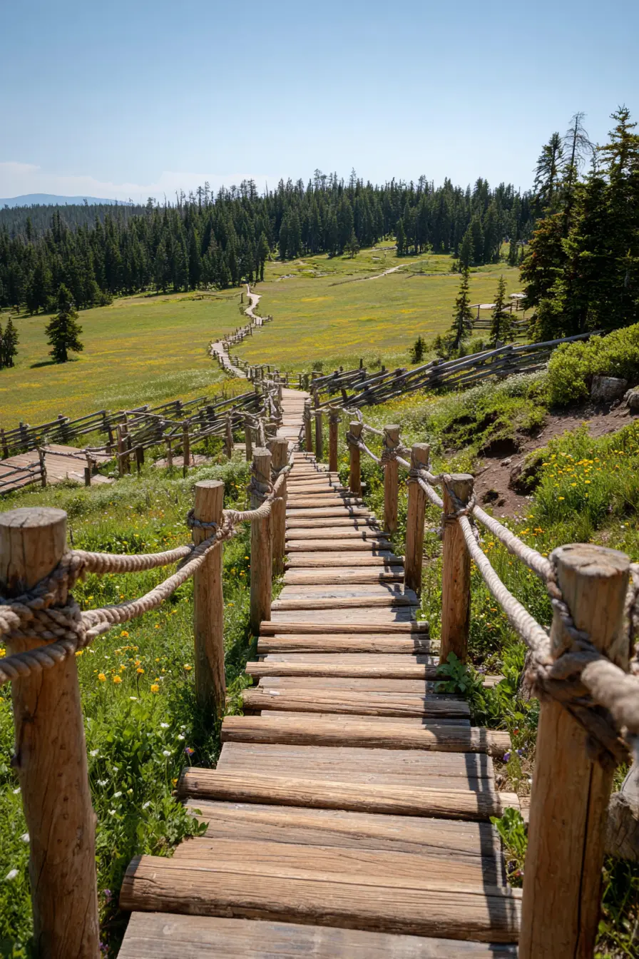 Wooden Garden Stairs Across Open Meadows