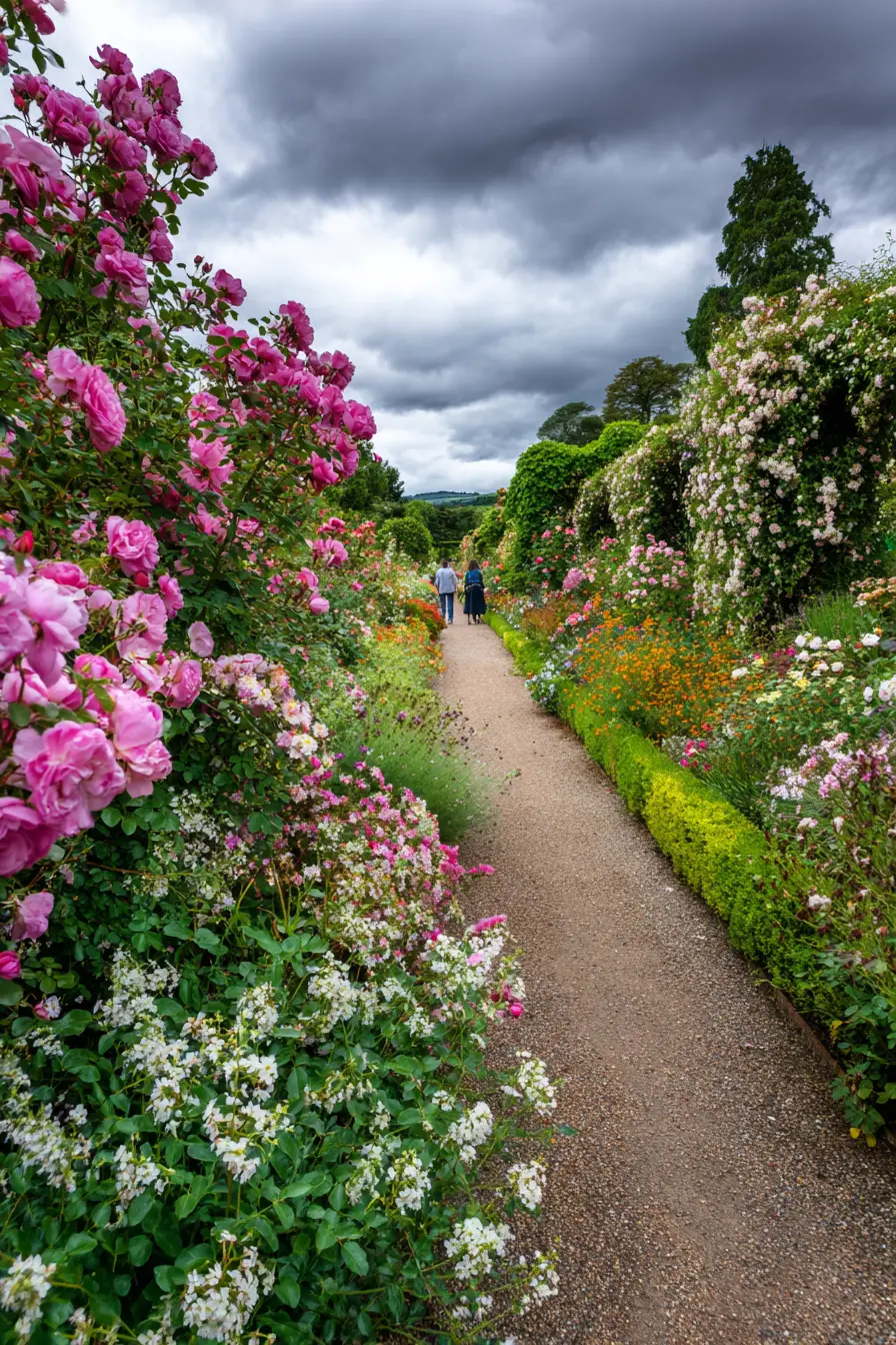 Gravel Path Surrounded by Blooming Roses