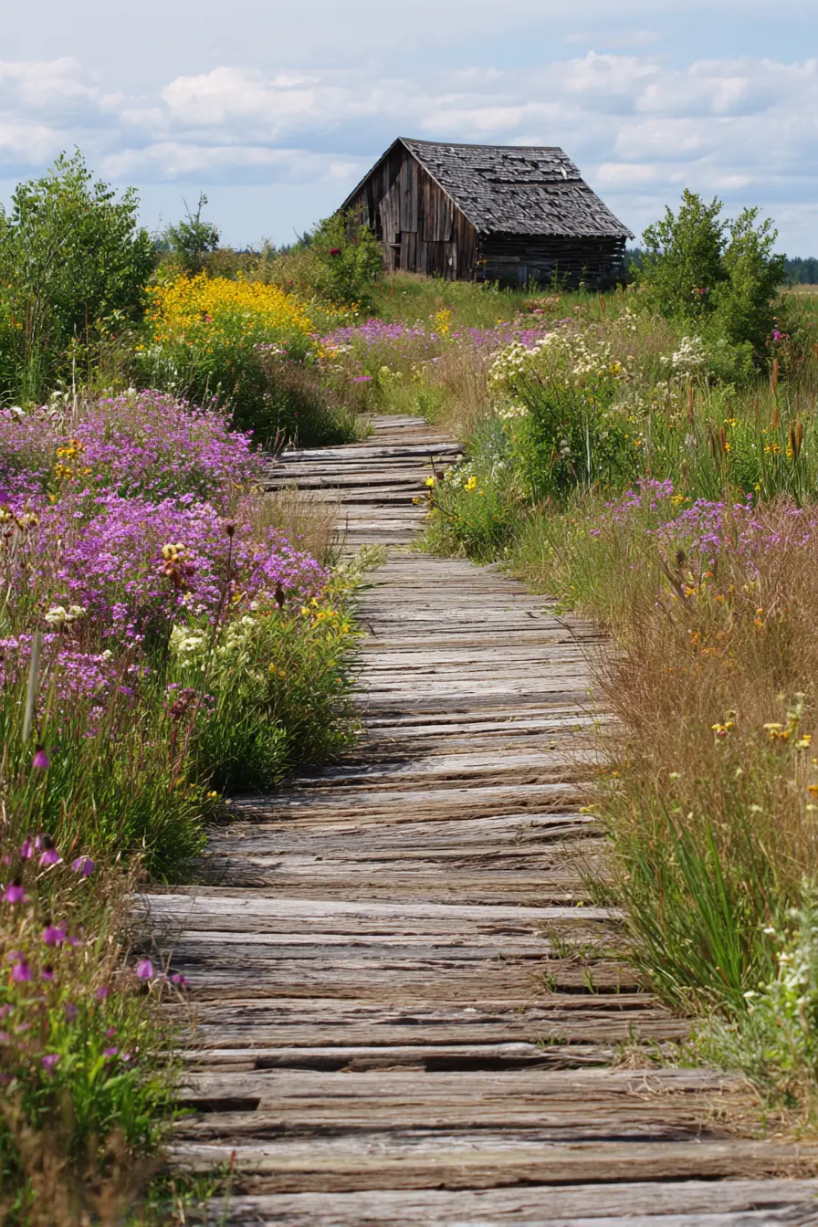 Rustic Wooden Boardwalk with Wildflowers