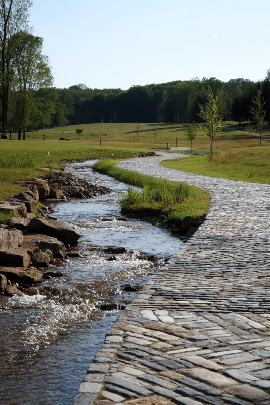 Scenic Cobblestone Driveway Beside a Flowing Stream