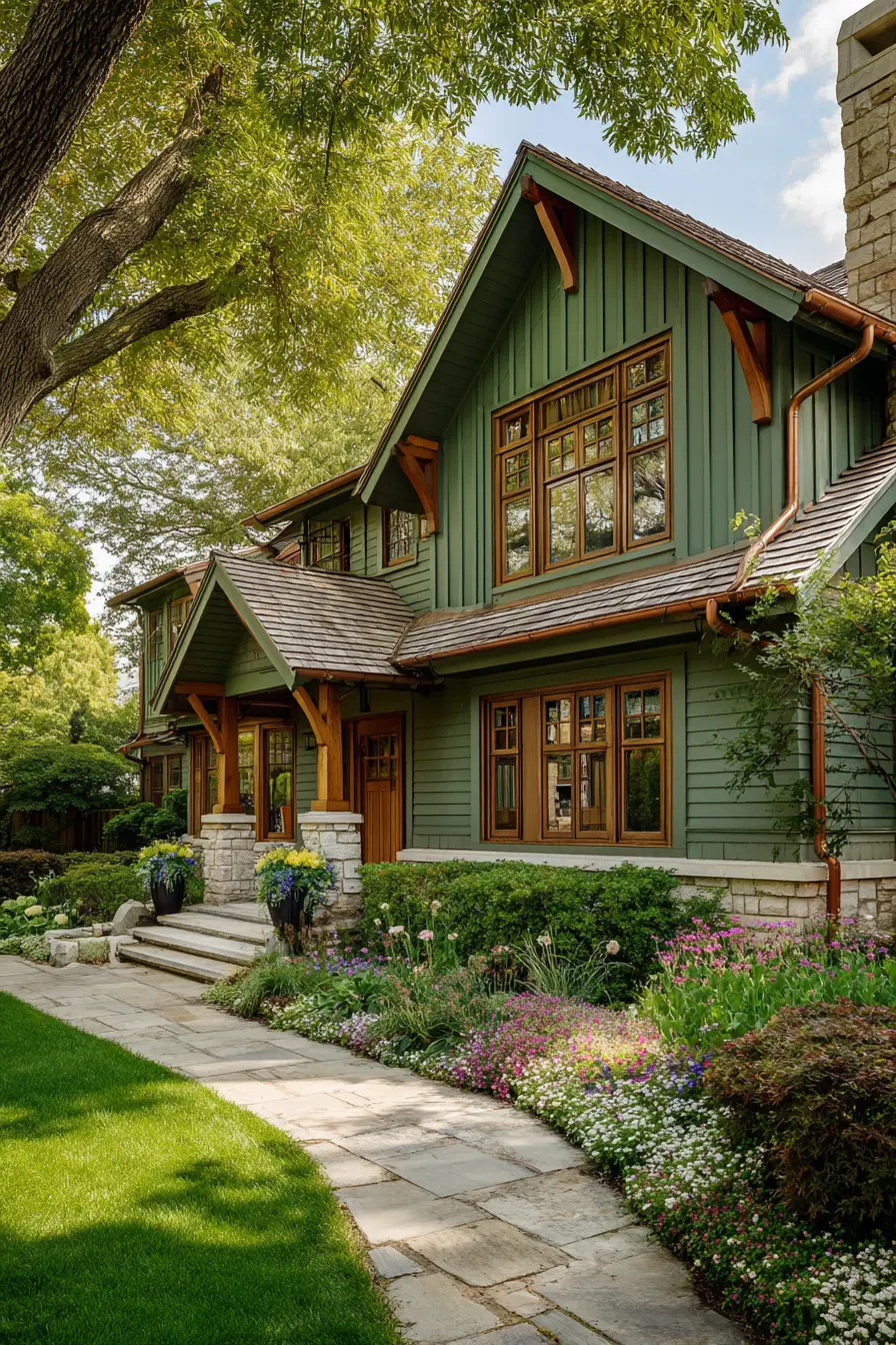 Craftsman Home with Dark Green Siding and Warm Wood Accents