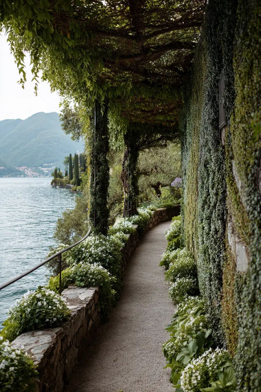 Lakeside Gravel Walkway with Greenery and Vines