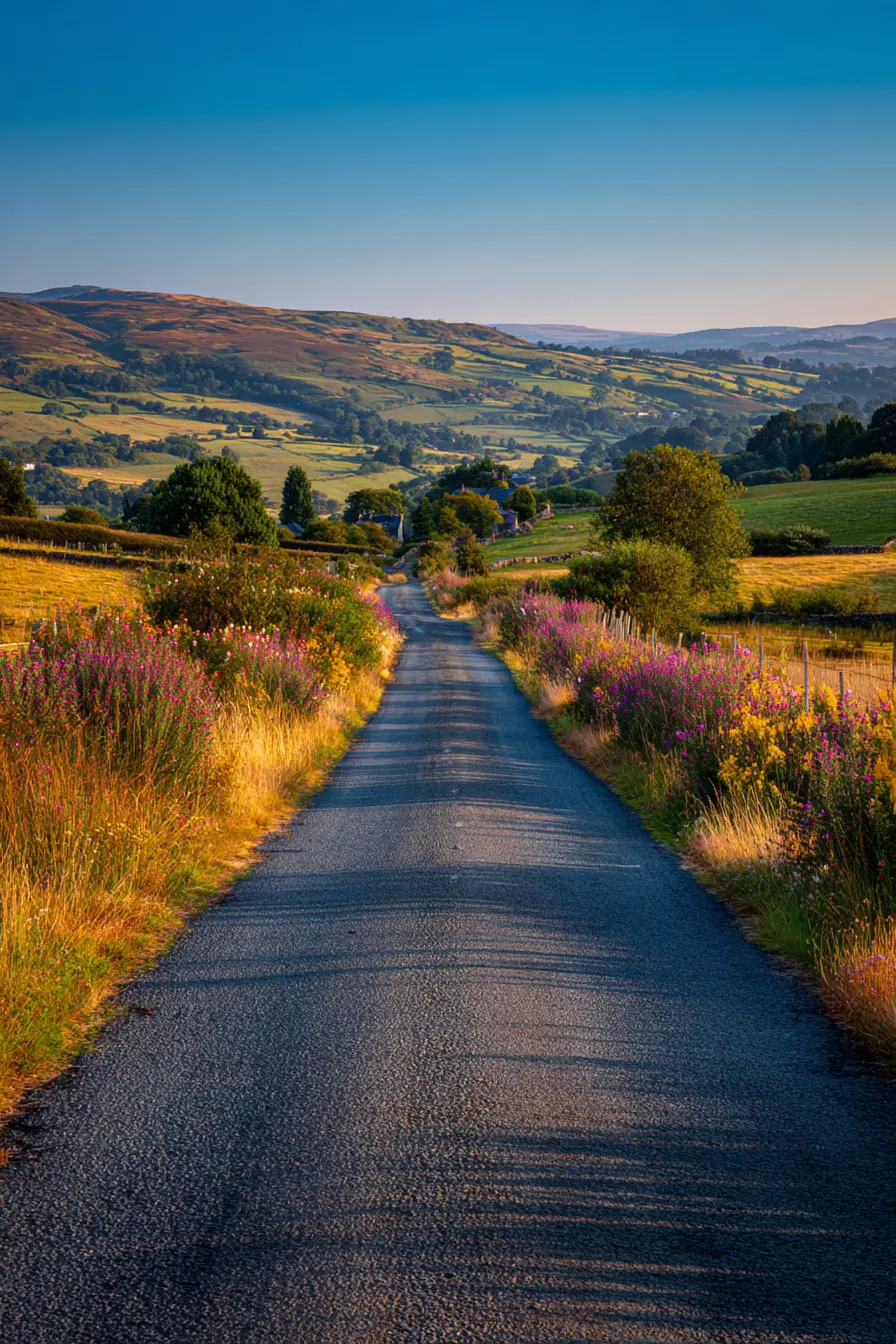 Country Lane Surrounded by Wildflowers and Rolling Hills