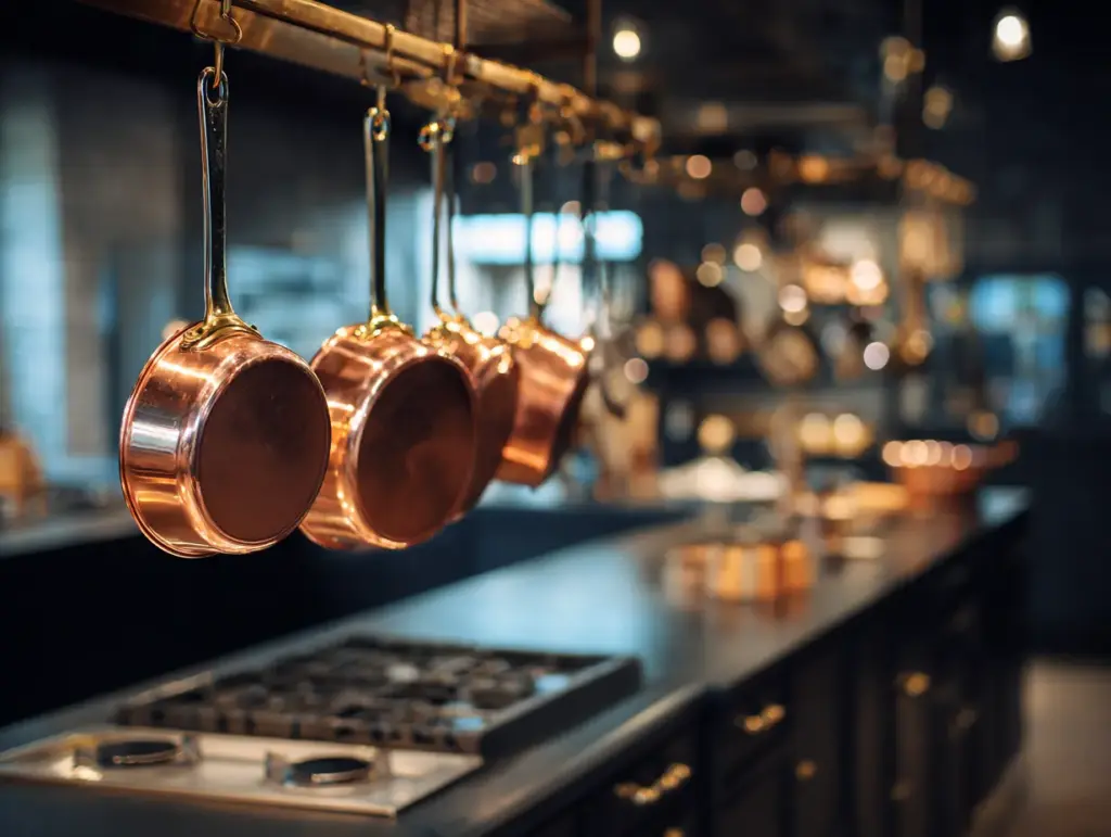 Hang Copper Pans and Pots Above the Island for a Traditional Look