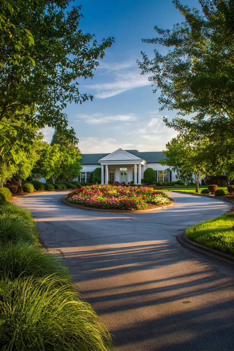 Oval Driveway with Blooming Flower Bed