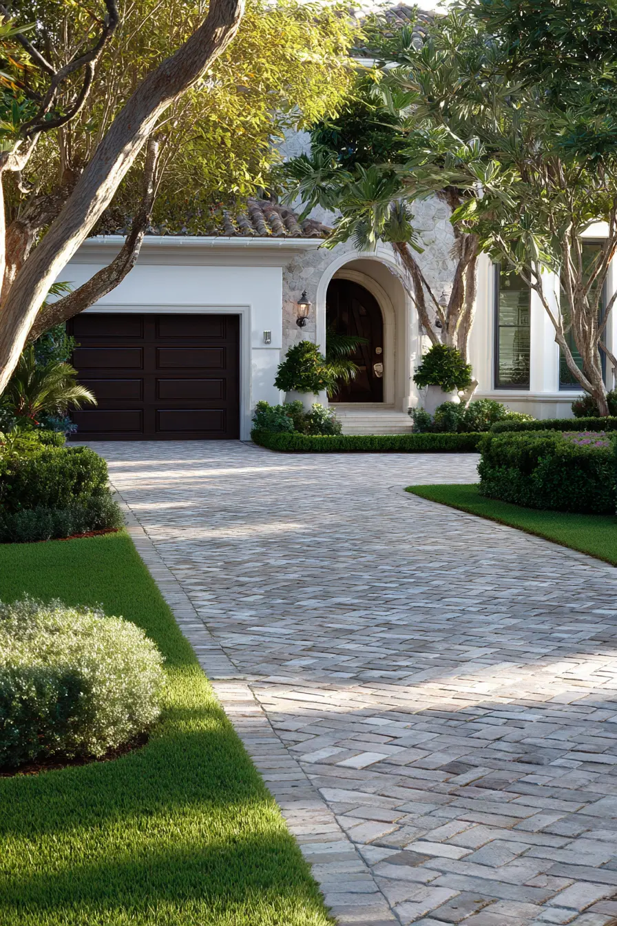 Elegant Brick Driveway with Lush Green Borders