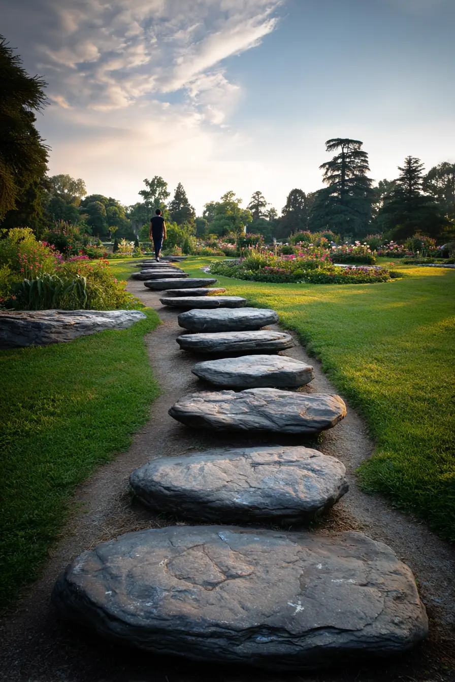 Oversized Limestone Stepping Path in a Garden Retreat