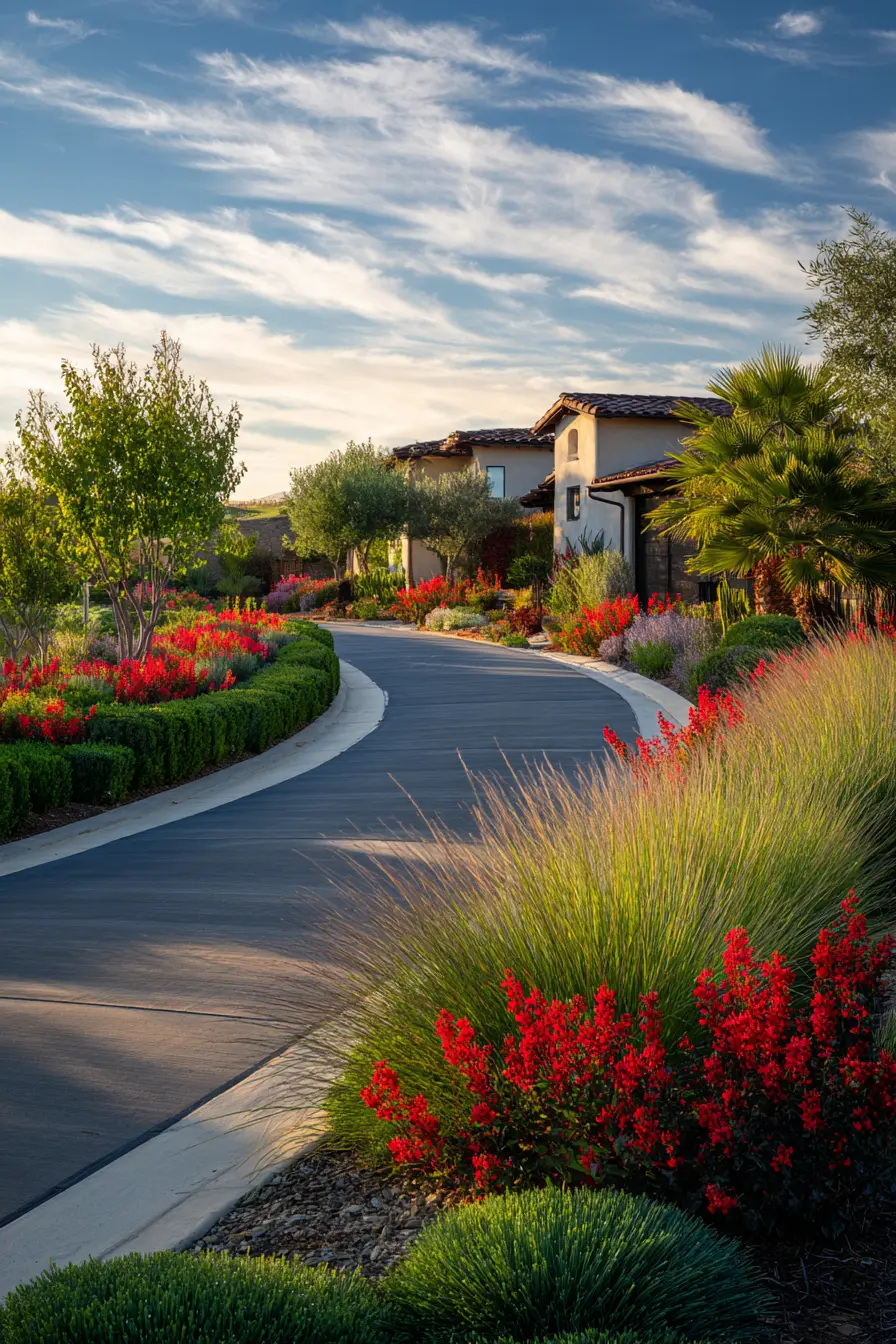 Vibrant Driveway with Red Blooming Borders