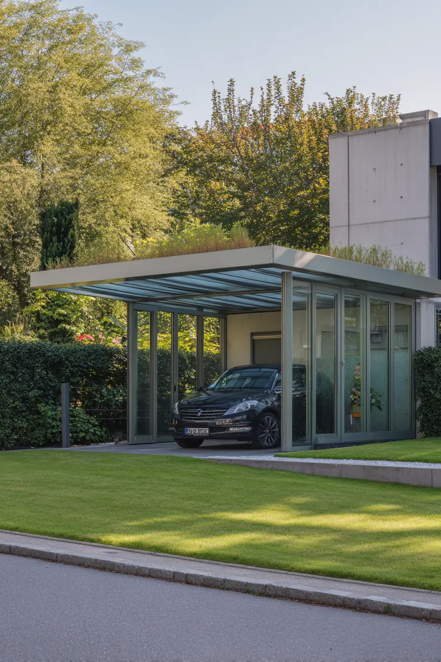 Glass-Enclosed Driveway Cover with Green Roof