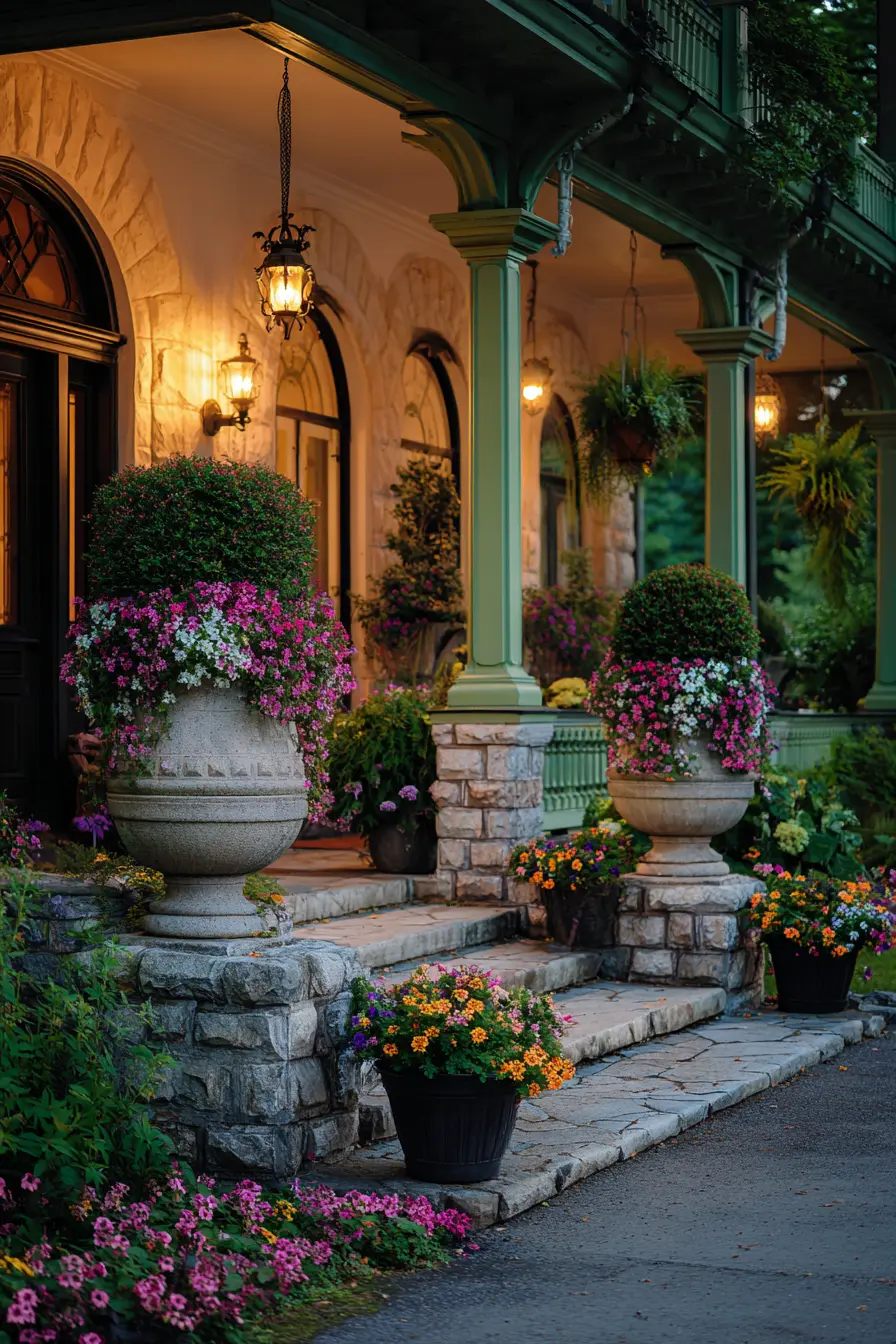 Elegant Porch with Dark Green Accents and Stonework