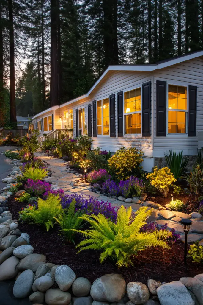 Warmly Lit Garden Path for a Mobile Home
