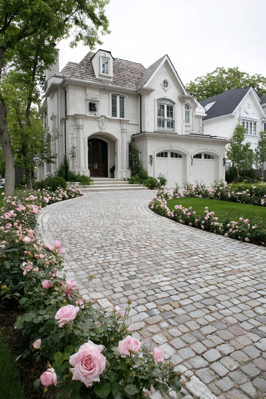 Cobblestone Driveway with Rose Lining