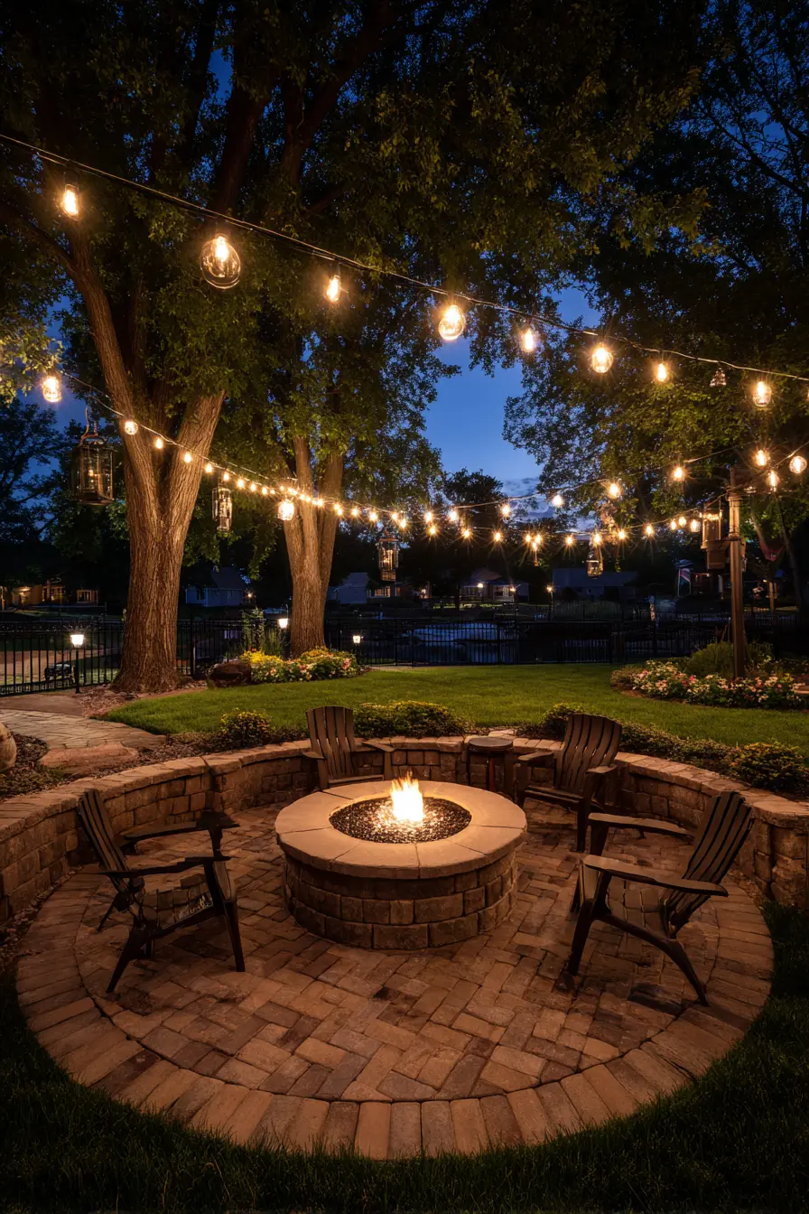 Cozy Brick Fire Pit with String Lights