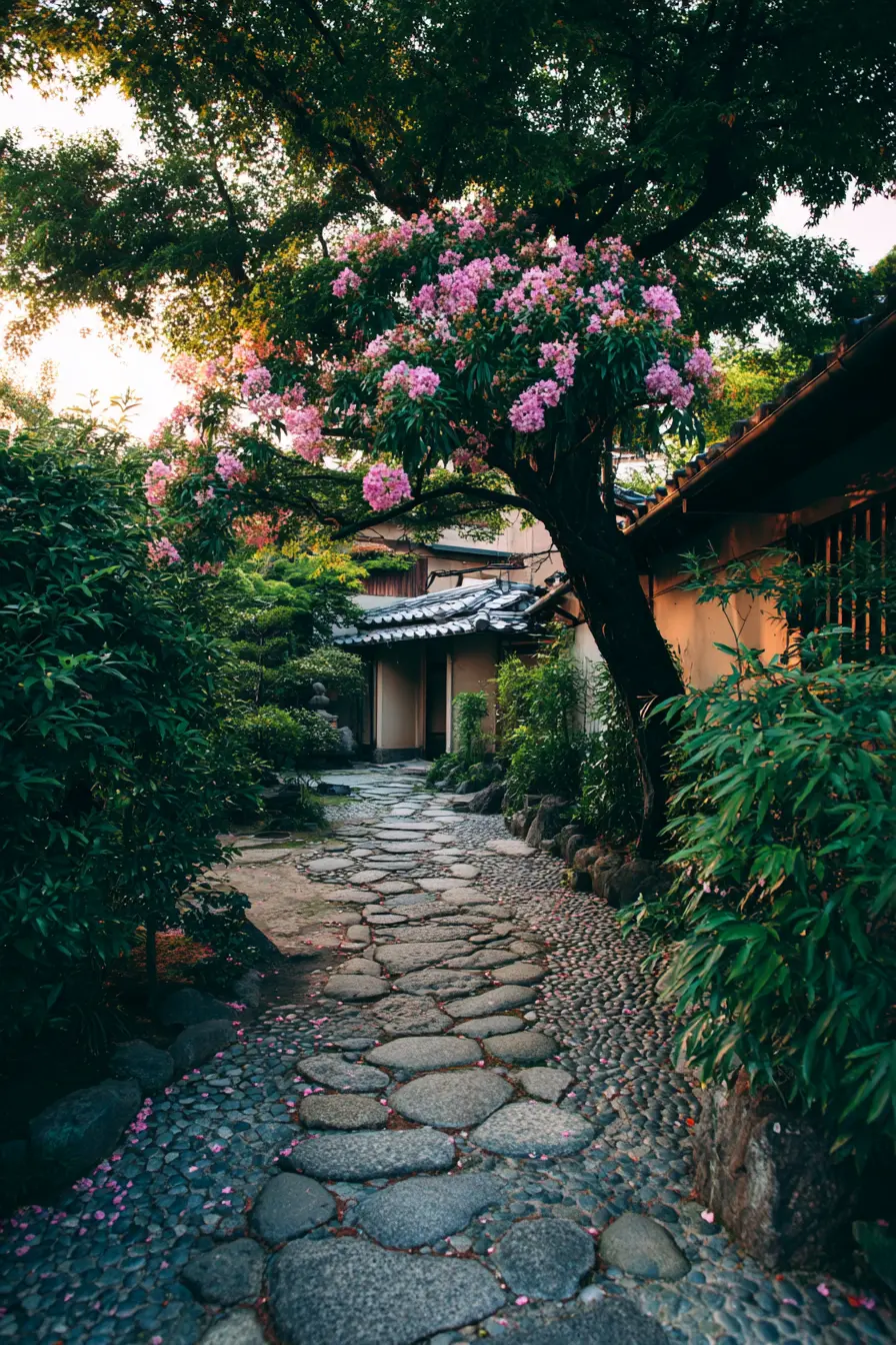 Rustic Stone and Gravel Pathway with Blossoming Tree