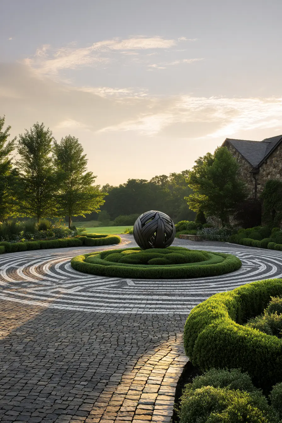 Artistic Circle Driveway with Modern Sculpture