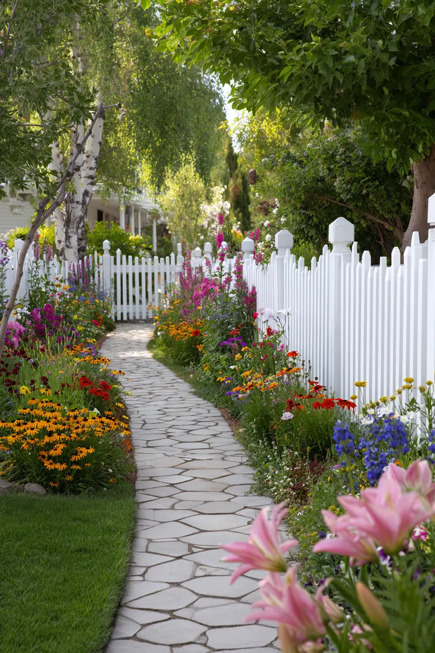 Cottage Garden Path with White Picket Charm