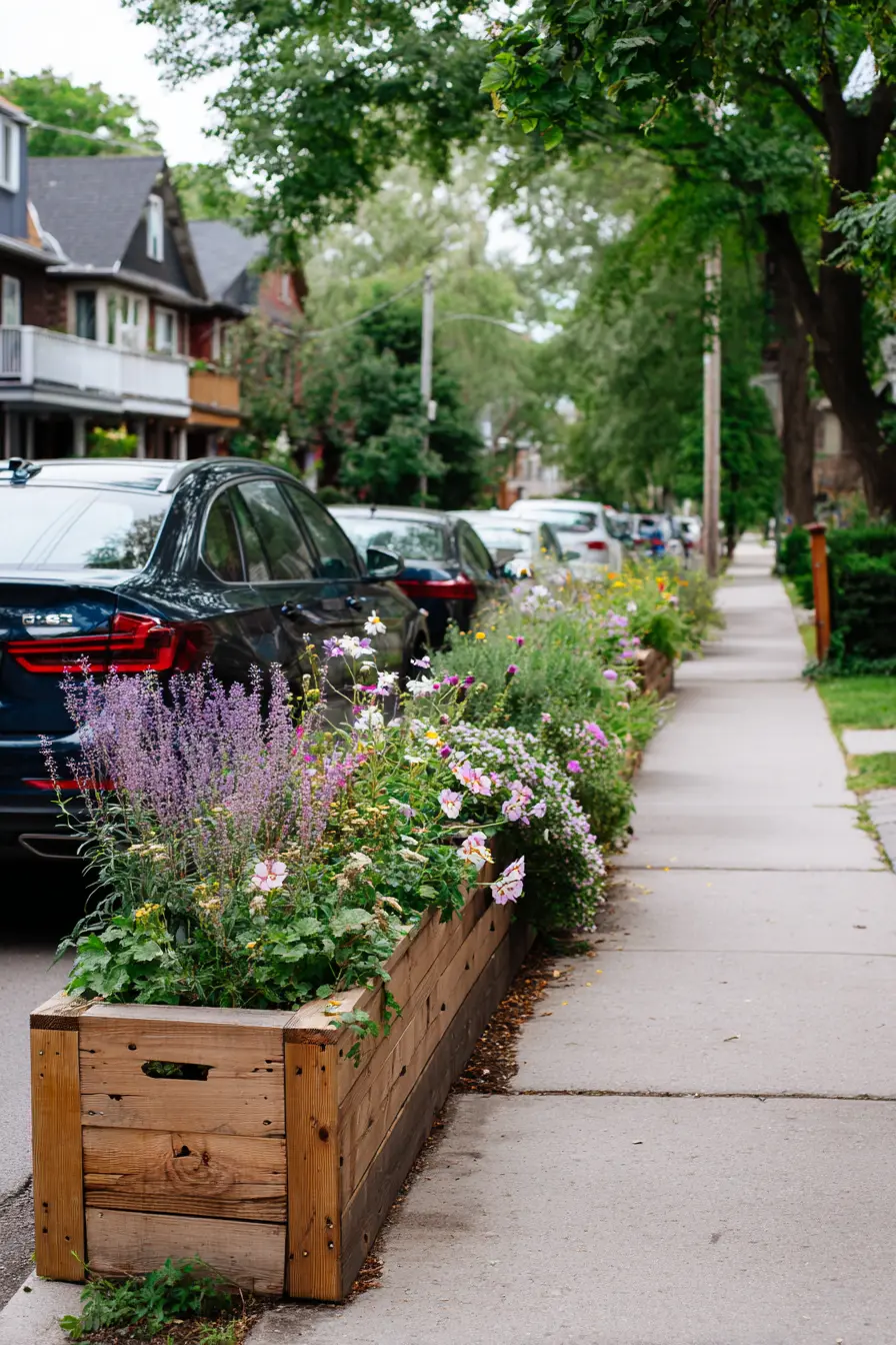 Rustic Wooden Driveway Planters with Street-Side Charm