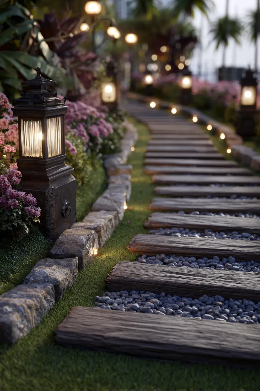 Railroad Tie Walkway with Garden Lantern Glow
